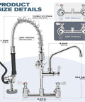 Commercial Sink Faucet - 21" Height Commercial Faucet Wall Mount with Pre-Rinse Sprayer 8" Adjustable Center and 8" Add-on Swing Spout, Commercial Kitchen Faucet with Pull Down Spray (Chrome) dimensions display.