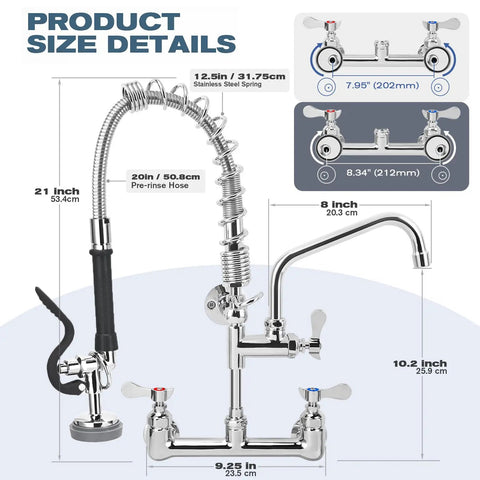 Commercial Sink Faucet - 21" Height Commercial Faucet Wall Mount with Pre-Rinse Sprayer 8" Adjustable Center and 8" Add-on Swing Spout, Commercial Kitchen Faucet with Pull Down Spray (Chrome) dimensions display.