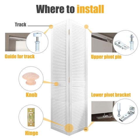 Diagram of bifold closet door hardware kit with 36 inch tracks, brackets, pivots, guide wheels, and steel track installation points.