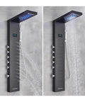 Premium Black Thermostatic Shower Mixer Panel With Slick LED Digital Temp Readout Top Shelf Rainfall Head and handheld wand.