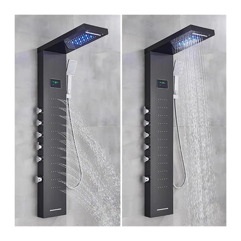 Top Shelf Matte Black Thermostatic Shower Tower Designed To Impress With Glowing LED Temp Monitor showing rainfall and handheld options.