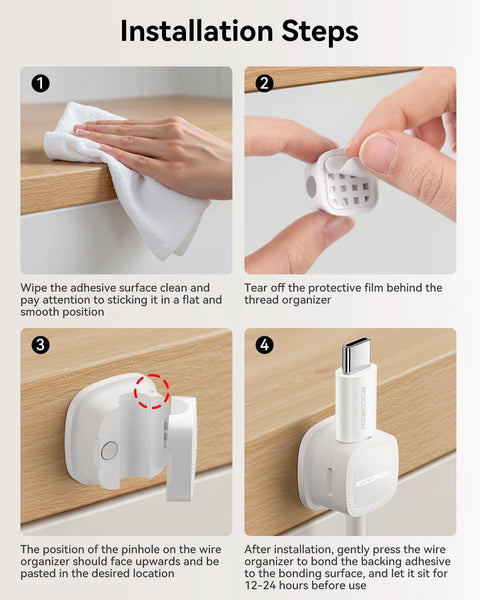 Installation steps for Six Pack Magnetic Cable Clips With Smooth Adjustable Adhesive Cord Organizer