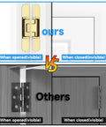 Comparison of Heavy Duty Hidden Door Hinges 2 Pack Gold Finish vs standard hinges showing visibility when opened and closed.