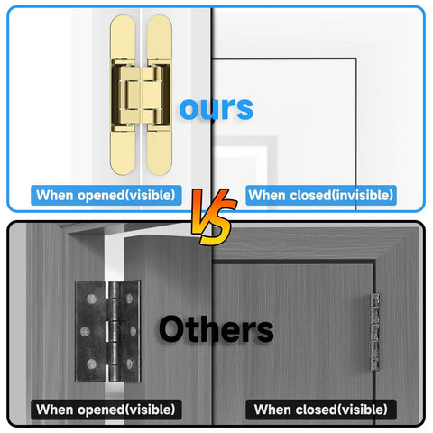 Comparison of Heavy Duty Hidden Door Hinges 2 Pack Gold Finish vs standard hinges showing visibility when opened and closed.
