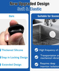 Comparison of 4 Pack Silicone Plugs showing hand holding black plug and white plug in sink, with snap in locking design focus.