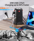Long 16 Ft Surge Protector Power Strip Tower With PD 20W USB C Night Light Four USB Ports And Four Outlets Flat Plug Black on desk