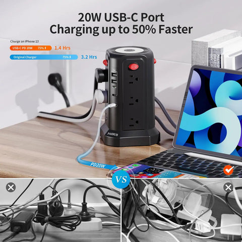 Long 16 Ft Surge Protector Power Strip Tower With PD 20W USB C Night Light Four USB Ports And Four Outlets Flat Plug Black on desk