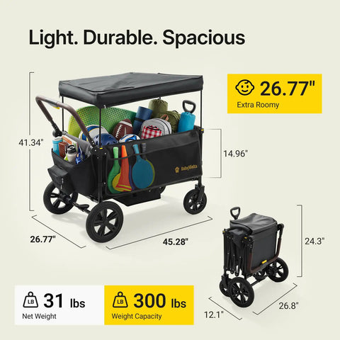 Kids Stroller Wagon With One Hand Adjustable Push Pull Handle, Alloy Steel Frame, Rubber Wheels, full of toys and gear, 26.77 inches roomy