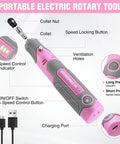 Diagram of Cordless Rotary Tool Kit With 71-Piece Accessory Set, 3 Speeds, USB Rechargeable Mini Rotary Tool For Engraving, Sanding, Polishing, Carving, Cutting, And DIY Crafts - Pink Ribbon, showing features and USB port.