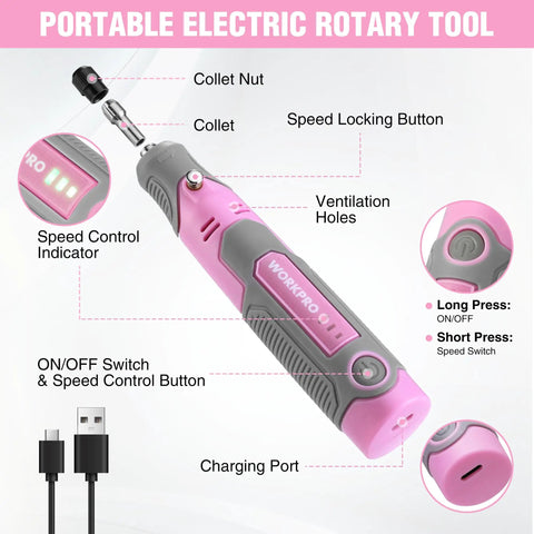 Diagram of Cordless Rotary Tool Kit With 71-Piece Accessory Set, 3 Speeds, USB Rechargeable Mini Rotary Tool For Engraving, Sanding, Polishing, Carving, Cutting, And DIY Crafts - Pink Ribbon, showing features and USB port.
