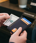 Ultra Slim Front Pocket RFID Blocking Leather Wallet For Men And Women In Carbon Fiber Black shown holding cash and cards.