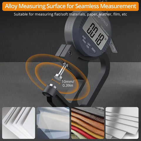 Digital Thickness Gauge With 1 Inch Range, 0.0005 Inch Resolution, 0.01 mm Accuracy, Ultra Fast Response For Wood Metal Plastic, Bang-On Readings For Pros And DIY Makers, No Guesswork. Digital thickness gauge measuring 10mm material