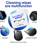 LucidHJC lens cleaning wipes front view 400-count pack for glasses, lenses, screens.