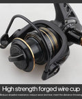 Close-up view of All Around Spinning Reel for Freshwater and Saltwater Fishing showing metal spool and tough handle.