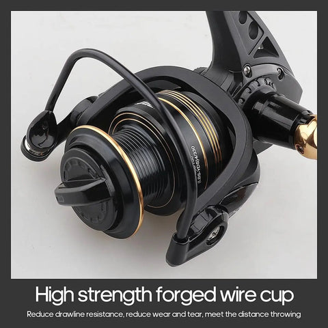 Close-up view of All Around Spinning Reel for Freshwater and Saltwater Fishing showing metal spool and tough handle.
