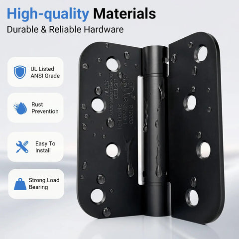 Close-up of 4 Inch Matte Black Self Closing Door Hinge showing durable rust prevention features for easy installation.