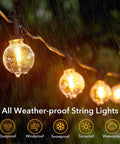 Connectable Outdoor String Lights With G40 Globe Plastic LEDs in rain, all-weather waterproof, 100 ft long with 50 LED bulbs.