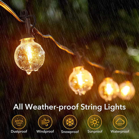 Connectable Outdoor String Lights With G40 Globe Plastic LEDs in rain, all-weather waterproof, 100 ft long with 50 LED bulbs.