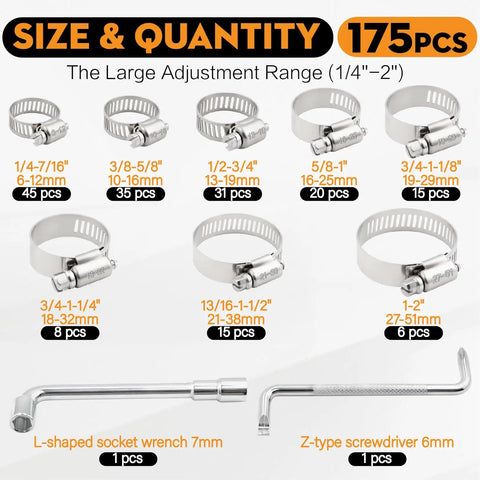 Beefed-Up 304 Stainless Steel Hose Clamps Kit With 175 Pieces showing various sizes, includes 2 tools for auto fuel lines plumbing radiator