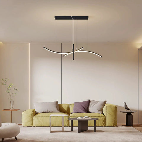 Totally Chic Geometric Modern LED Chandelier Three Light Pendant With Remote Dimmer in a living room above a sofa