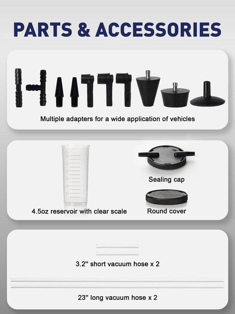 Parts and accessories of Brake Bleeder Kit With Hand Vacuum Pump For Motorcycles 17 Pcs Vacuum Bleeder Tool With Pressure Gauge And Storage Case