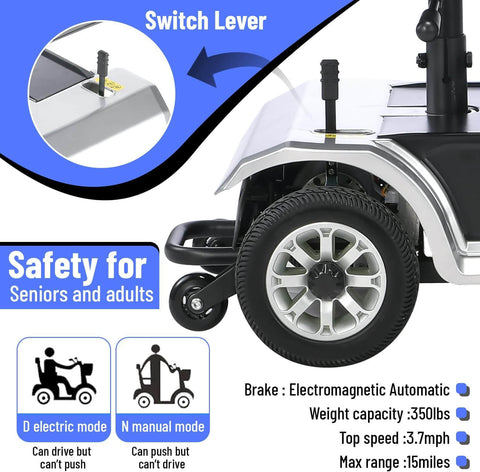 Close-up of back wheel and switch lever of Four Wheel Electric Mobility Scooter for Adults and Seniors, 250W Motor, 24V Battery.