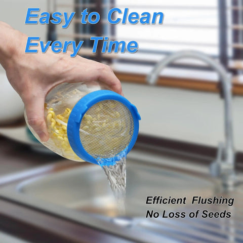 Person rinsing a Sprouting Kit for Home Grown Sprouts No Fuss Two Wide Mouth Mason Jars 1000ml Capacity Stainless Steel Sprout Lid