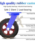 Four Pack Super Heavy Duty Swivel Caster Wheels With Brake Solid Rubber Tires on blue steel bracket and red hub, load-bearing design.