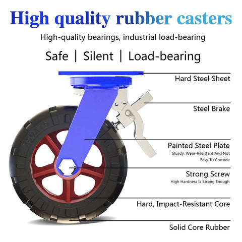 Four Pack Super Heavy Duty Swivel Caster Wheels With Brake Solid Rubber Tires on blue steel bracket and red hub, load-bearing design.