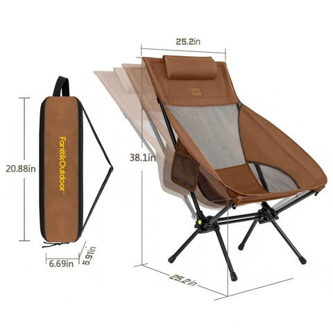 Zeta L8 Max Camping Chair With Carry Bag, Ultra Portable Lightweight Kickback Rocking Chair, brown with carry bag and dimensions