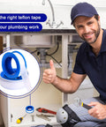 Plumber using 100 Rolls PTFE Tape One Half Inch By 520 Inches For Plumbing Sealant Waterproof Leak Proof Sealing Tape, Great For Shower Heads, Water Pipes, And DIY Repairs, White.