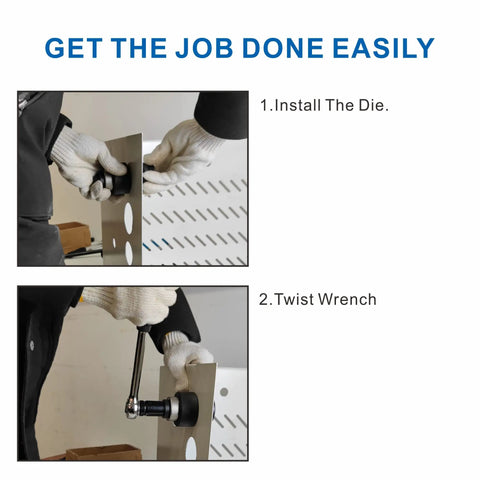Installing manual knockout punch driver kit on sheet metal using a wrench for 1.5-2 inch conduit holes in mild steel.