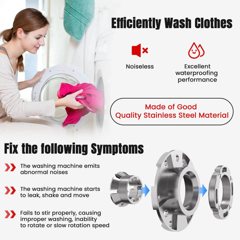 Washing Machine Hub Kit For Top Loaders With TB123A Spanner Wrench Fit For Whirlpool Maytag And Kenmore OEM Style Hub Replacement No Fuss Easy Install And Precise Fit. stainless steel washer hub parts shown with top-load washer use