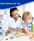Child and adult using Six In One STEM Kit For Kids with microscope and experiments at table, engaging in educational activity.