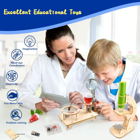 Child and adult using Six In One STEM Kit For Kids with microscope and experiments at table, engaging in educational activity.