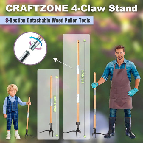 Stand Up Weed Puller Tool With Long Wooden Handle Foot Platform Design 4 Claw Steel Head And Removable 3 Section Pole Garden Tool, 44 inch