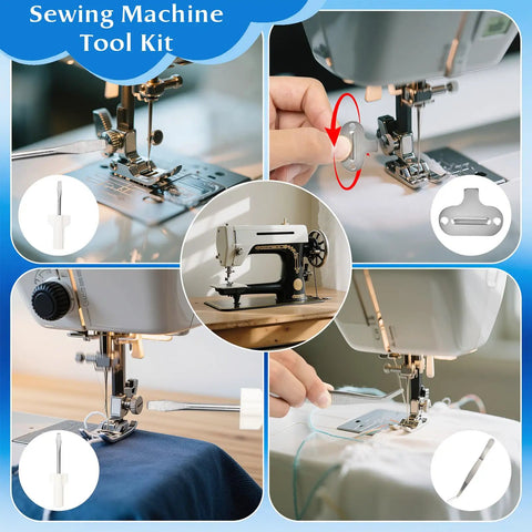 15 Piece Sewing Machine Cleaning Kit With Screwdriver, Tweezers, Double Headed Brush, Silicone Brush, Rippers, And Storage Case shown cleaning