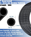 Half Inch DOT Air Line Hose Kit 100 Ft Black SAE J844 PA12 Nylon Pneumatic Tubing With Cutter And Teflon Tape displayed