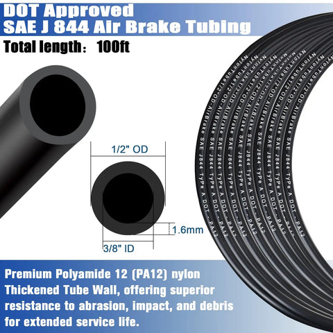 Half Inch DOT Air Line Hose Kit 100 Ft Black SAE J844 PA12 Nylon Pneumatic Tubing With Cutter And Teflon Tape displayed