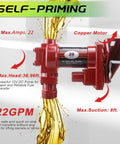 12V Fuel Transfer Pump With Manual Nozzle 20 GPM High Flow DC Powered Heavy Duty Workhorse For Gasoline Diesel Kerosene Biodiesel And More With Filter Included, red with copper motor and self-priming feature, side view