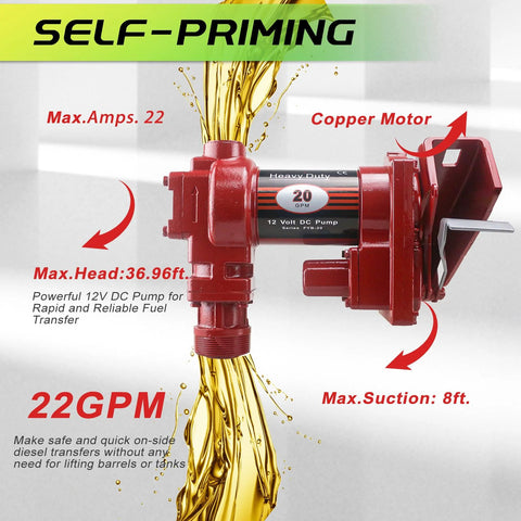 12V Fuel Transfer Pump With Manual Nozzle 20 GPM High Flow DC Powered Heavy Duty Workhorse For Gasoline Diesel Kerosene Biodiesel And More With Filter Included, red with copper motor and self-priming feature, side view