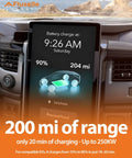 No Sweat NACS To CCS EV Charging Adapter on a vehicle display showing 90% battery charge and 204 miles of range.