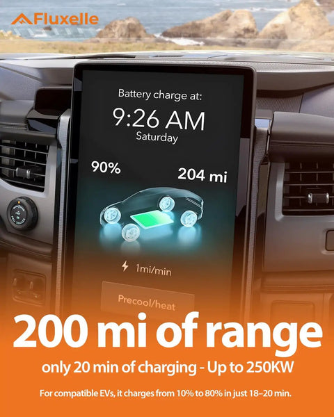 No Sweat NACS To CCS EV Charging Adapter on a vehicle display showing 90% battery charge and 204 miles of range.