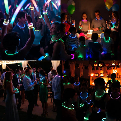 100 Count Glow Sticks Bulk Party Pack With 8 Inch Glow Bracelets And Connectors Assorted Colors For Halloween Parties Kids Camping Glow In The Dark Fun Easy Outdoor Nighttime Vibes in use at a vibrant party scene.