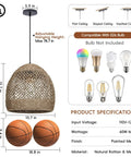 WALMHEIM 15.7" Boho Rattan Pendant Light Fixture dimensions and specifications on a backdrop of two basketballs.