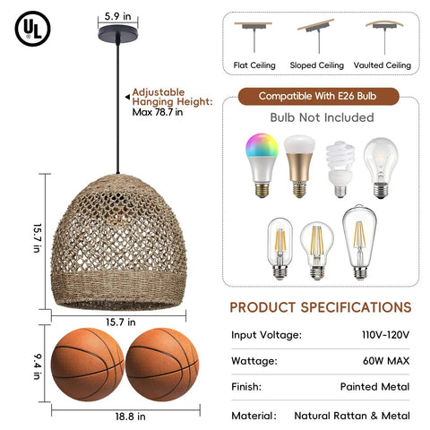 WALMHEIM 15.7" Boho Rattan Pendant Light Fixture dimensions and specifications on a backdrop of two basketballs.