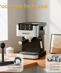 Quick Draw Espresso Machine With On Deck Milk Frother, 20 Bar Pump For Rich Pulls, showing included coffee tools on countertop.