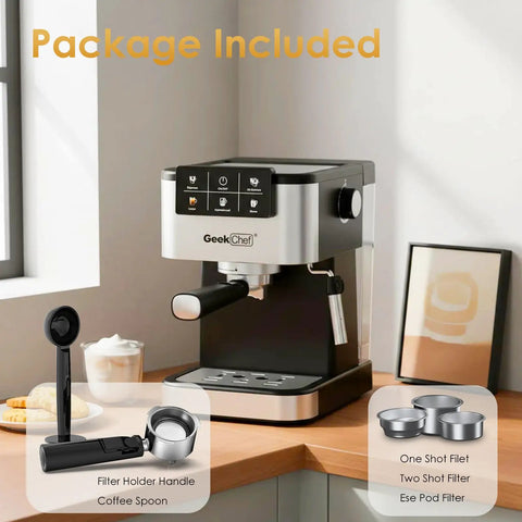Quick Draw Espresso Machine With On Deck Milk Frother, 20 Bar Pump For Rich Pulls, showing included coffee tools on countertop.