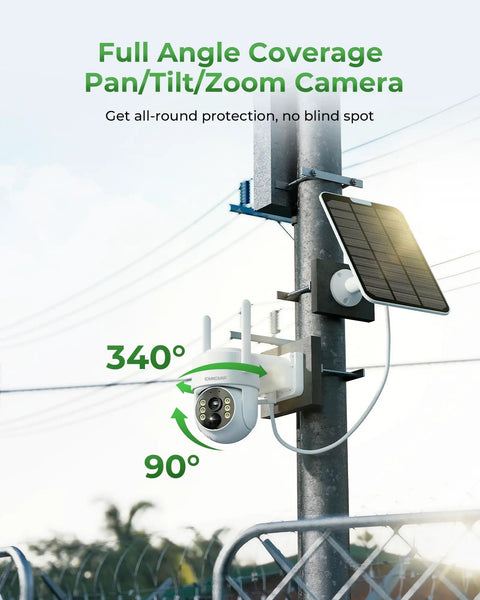 Solar Wireless Security Camera System With 10 Inch Monitor Outdoor Surveillance Kit 4 Cameras shown on pole with solar panel