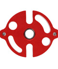 Self Centering Dowel Jig Kit With Solid Anodized Aluminum Block And Three Stainless Steel Bushings showing red aluminum jig plate.